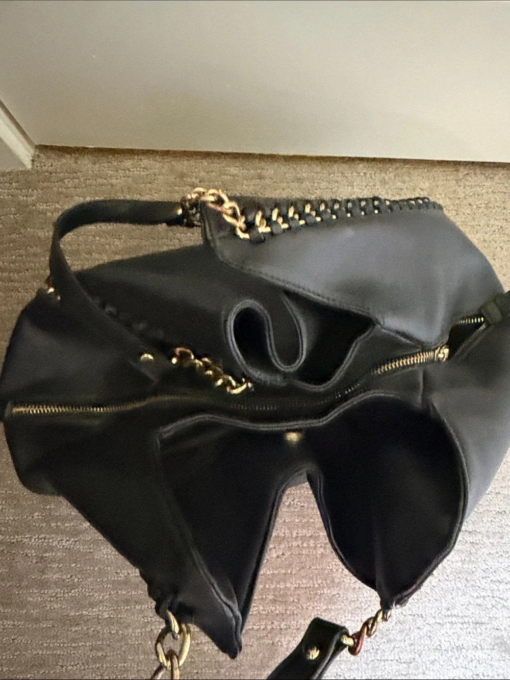bebe Black Leather Hobo with Gold Chain Trim